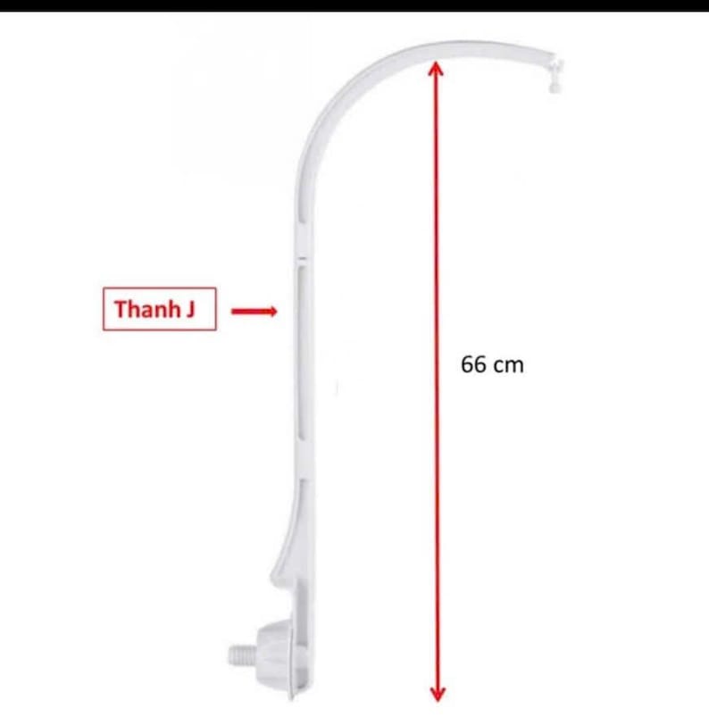 May include: A white plastic mobile arm featuring a curved top section and a threaded base attachment. The structure is labeled as Thanh J and includes a red vertical measurement line indicating a total height of 66 cm for the assembly.