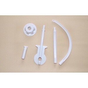 May include: White plastic parts for a baby mobile, including a curved arm, a straight rod, a round base, a screw, and a small round piece with a hole in the center.