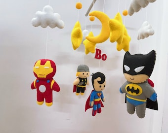 Baby crib mobile nursery Superheroes, Super Heroes handmade musical baby crib mobile, Nursery Decoration, baby boy mobile.