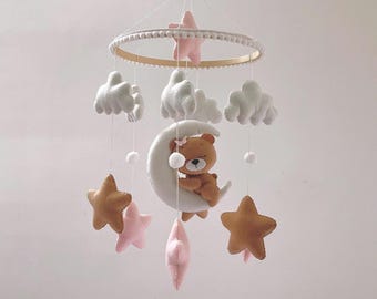Bear Baby Mobile, Crib Mobile, Bear on the moon nursery mobile, Baby Shower Gift, Animal Cot Mobile, Brown Teddy Bear Nursery