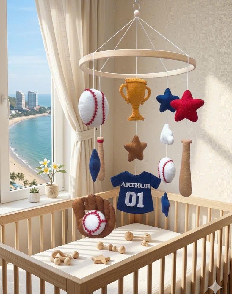 Baseball Crib Mobile for Boy Nursery, Handmade Felt Sports Baby Mobile, Baby Shower Gift, Baseball Nursery Decor