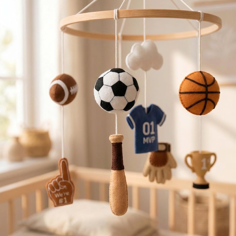 May include: A nursery mobile featuring a circular wooden frame with hanging felt sports-themed ornaments including a football, soccer ball, basketball, baseball bat, blue jersey with '01 MVP' text, a 'We're #1' foam finger, a glove, and a trophy.