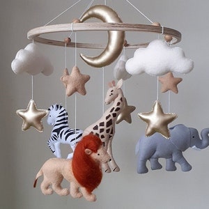 Felt Safari Nursery Mobile With Moon, Star, Cloud, Lion, Giraffe,  Elephant, Zebra, Baby Mobile, Baby Shower, Baby Nursery, Baby Room Decor