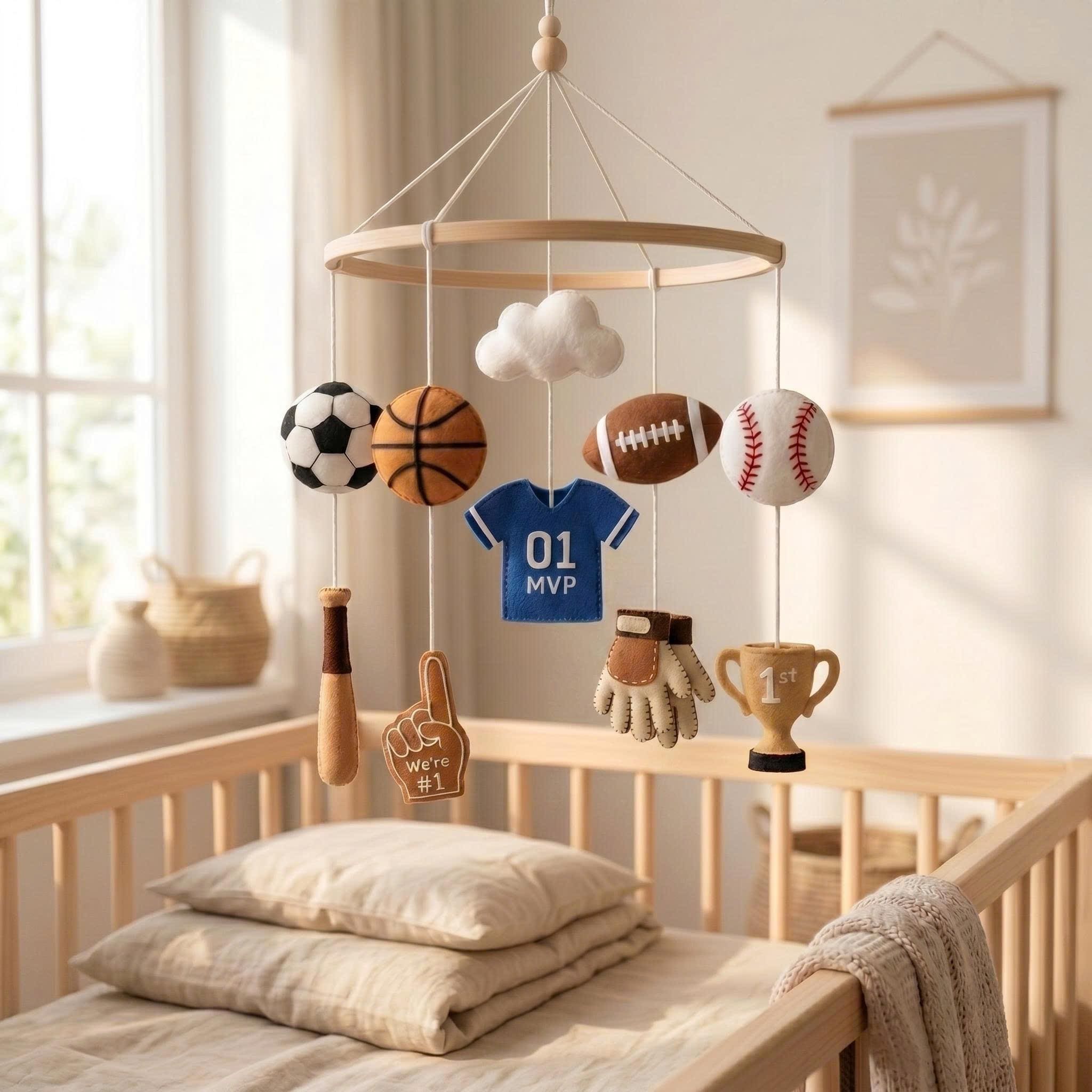Baseball Crib Mobile for Boy Nursery, Handmade Felt Sports Baby Mobile, Baby Shower Gift, Baseball Nursery Decor
