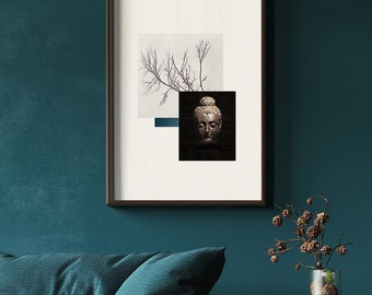 May include: A framed print with a minimalist design featuring a black and white image of a tree branch and a close-up of a Buddha statue's face. The print is hanging on a teal wall.