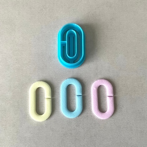 Puede incluir: Un cortador de galletas de plástico azul en forma de óvalo con un óvalo más pequeño cortado en el centro. Tres galletas en forma de óvalo están debajo del cortador, una es de color amarillo pálido, otra es de color azul claro y otra es de color rosa pálido.