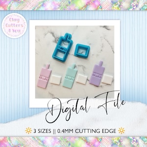 May include: Three sizes of blue plastic cookie cutters shaped like a bottle with a lid. The cutters are shown with samples of the shapes cut from white, purple, and light blue fondant. The image also includes the text "Digital File" and "3 SIZES || 0.4MM CUTTING EDGE".