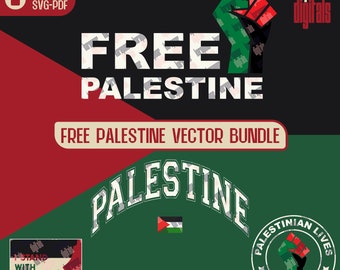 May include: A digital download bundle of five vector files featuring the words "Free Palestine" in a bold, white font with a green, black, and red camouflage pattern. The bundle includes a fist raised in the air, a Palestinian flag, and a circular design with the text "Palestinian Lives Matter".