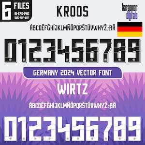Könnte beinhalten: Eine schwarz-weiße Vektor-Schriftart namens "Kroos" und "Wirtz" mit einer deutschen Flagge in der oberen rechten Ecke. Die Schriftart enthält Großbuchstaben, Zahlen und die deutschen Umlaute. Die Schriftart ist vor einem lila und rosa Hintergrund mit einem geometrischen Muster platziert.