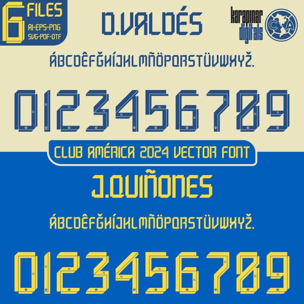 Font Vector Club América 2024 Jersey Font SVG, AI, Eps, Pdf, Png, Otf / Mexico Club América Valdes Shirt Name - Numbers / Football Soccer