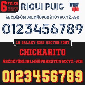 May include: A vector font design with the text "RIQUI PUIG" and "CHICHARITO" in a bold, blocky style. The font includes uppercase letters, numbers, and punctuation marks. The font is available in six file formats: AI, EPS, PNG, SVG, PDF, and OTF.