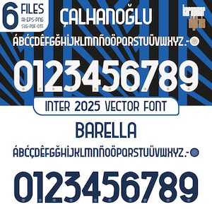 Typsnittsvektor Inter 2025 tröja typsnitt digital nedladdning AI, Eps, Svg, Pdf, Png, Otf / Calhanoglu, Martinez tröjnamn / Fotboll