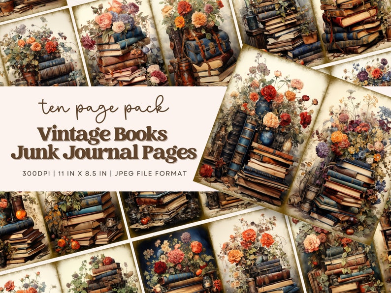 Vintage Books Junk Journal Pages, Digital Scrapbook Paper Kit ...