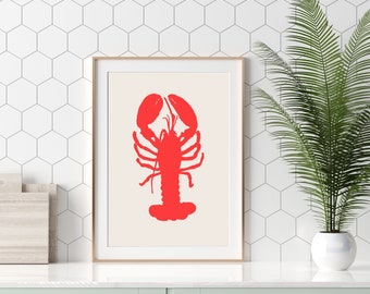 Red Lobster Wall Art Printable – Linocut Style Lobster Poster, Digital Download, Nautical Kitchen Decor, Coastal Printable Art, Hummer Print