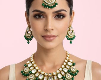 Kundan bruidssieradenset: polkiketting, oorbellen, tikka - op Sabyasachi geïnspireerd - bruidssieraden - Indiase sieraden