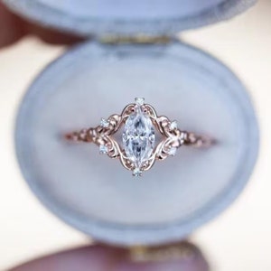 1.15 TCW Marquise Cut Moissanite Engagement Ring filigree moissanite Ring Wedding Ring 14K Rose Gold Vintage Ring Anniversary Ring