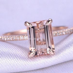 14K Rose Gold Natural Morganite Engagement Ring Emerald Cut Diamond Matching Band Promise Ring Vintage Morganite Ring Promise Ring