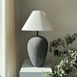 Black Aged Ceramic Table Lamp Big Size  Earthenware unglazed textured Ceramic Table lamp off white lampshade for  bedroom living room entry