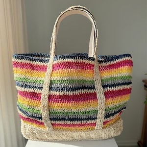 Colorful Raffia Bohemian Natural Crochet Knitted Large Bag Perfect for Beach Shopping or as a Decor at Home!