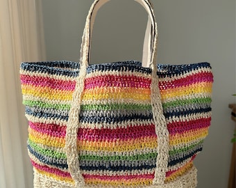 Colorful Raffia Bohemian Natural Crochet Knitted Large Bag Perfect for Beach Shopping or as a Decor at Home!