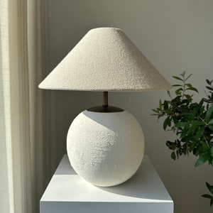 Linen blend lampshade white textured ceramic table lamp clay pottery lamp wabi sabi japandi boho perfect for bedside living room enrtyway