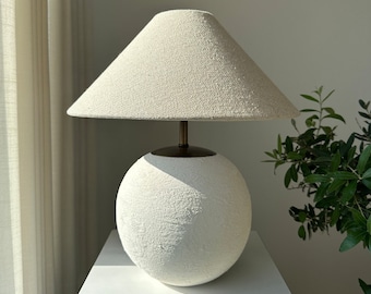 Linen blend lampshade white textured ceramic table lamp clay pottery lamp wabi sabi japandi boho perfect for bedside living room enrtyway