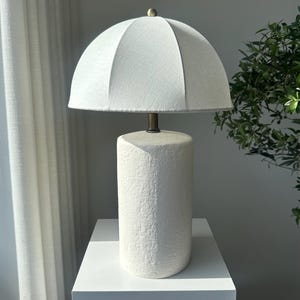 Matte Finish Textured White Ceramic Table Lamp with Vintage Style Dome Linen Lampshade Modern Wabi Sabi Japandi for bedroom living room