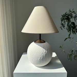 Table lamp sand beige linen lampshade white textured unglazed ceramic table lamp wabi sabi japandi boho perfect for small surfaces