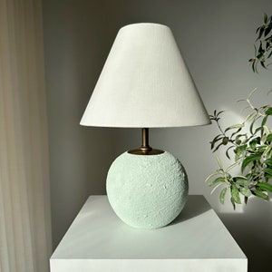 White linen lampshade green textured unglazed ceramic table lamp pottery lamp wabi sabi japandi boho perfect for fireplace dresser and desk