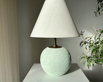 White linen lampshade green textured unglazed ceramic table lamp pottery lamp wabi sabi japandi boho perfect for fireplace dresser and desk