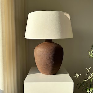 Earthy Brown Terra Cotta Ceramic Table Lamp - Unglazed Natural Textured Handmade Lighting for Living Room, Bedroom or Entryway