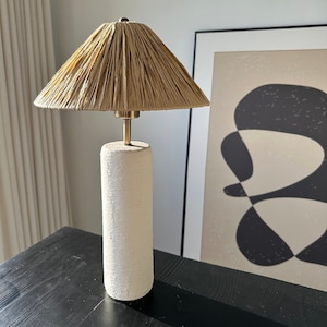 Big Size White Ceramic Textured Wabi Sabi Style Lamp and Raffia Lampshade Bedside Lamp for Living Room, Entryway and Bedroom Decoration