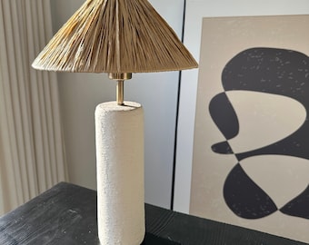 Big Size White Ceramic Textured Wabi Sabi Style Lamp and Raffia Lampshade Bedside Lamp for Living Room, Entryway and Bedroom Decoration