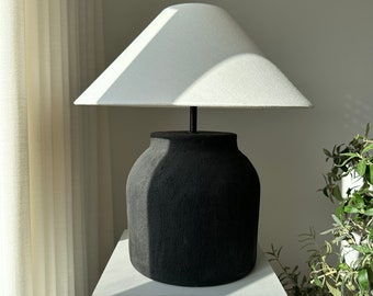 XL SIZE Black Japandi Stoneware earthenware unglazed ceramic textured table lamp shade wabi sabi style for bedside dresser and living room