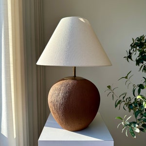 XLarge Textured Brown Terracotta Unglazed Ceramic Table Lamp Coolie Shade Stoneware Earthenware Ceramic for Bedside Living Room Entryway