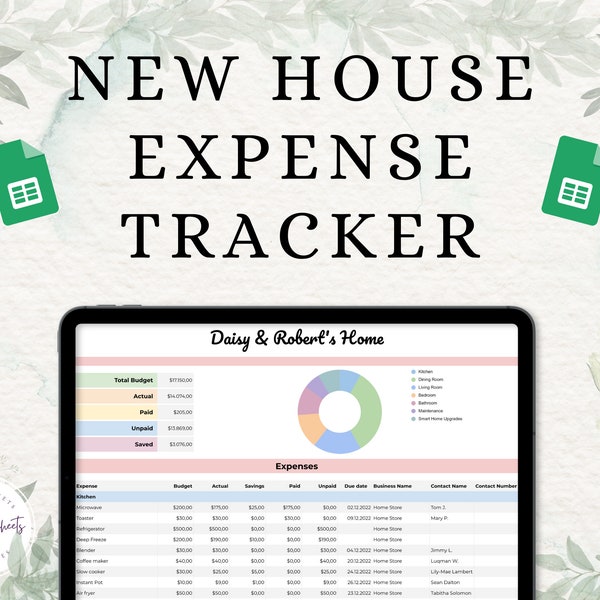 New House Expense Tracker & Requirement List, New Home Checklist, Home Renovation Expense Tracker, Wedding Google Sheets Spreadsheet