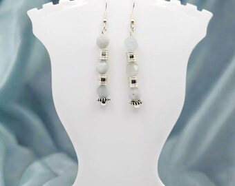 Aquamarine And Silver Tone Drop Earrings For Women