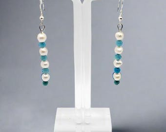 Drop Earrings with Blue Magnesite & Pearl - Handmade Gemstone Jewelry for Women, Elegant Statement Accessory