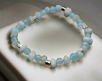 Natural Blue Aquamarine Stretch Bracelet Genuine Gemstone Bracelet For Her For Him