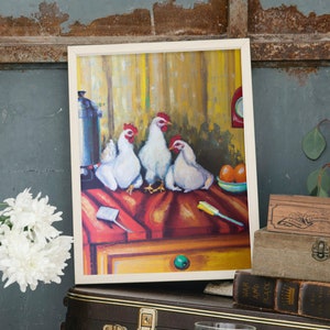 Rustic Kitchen Decor: White Chickens on Countertop Printable - Add a touch of farmhouse charm, Wall Art, Gift for Him, Gift for Her, Digital