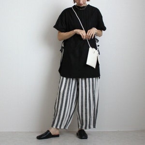 Japanese Fashion Full-Length Cotton Linen Circus Wide Fit Pant Black Stripes