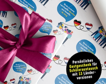 Personalisiertes GASTGESCHENKPAPIER in 14 Sprachen *SCHÜLERAUSTAUSCH *14 Länderflaggen in LANDESSPRACHE mit Familiennamen und freien Texten