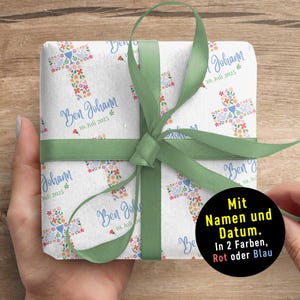 Stilvolles Geschenkpapier Erstkommunion * mit Namen + Datum  * Blumenkreuz modern interpretiert * Taufe * Kommunion * Konfirmation * Firmung