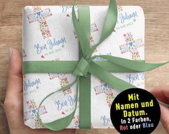 Stylish gift wrap First Communion * with name + date * Flower cross modern interpretation * Baptism * Communion * Confirmation * Confirmation