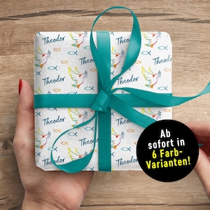 Fröhliches Geschenkpapier Erstkommunion mit Namen Individuell von XS bis XXL Taufe Kommunion Konfirmation Firmung Bild 1