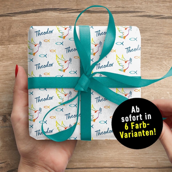 Fröhliches Geschenkpapier Erstkommunion * mit Namen  * Individuell von XS bis XXL * Taufe * Kommunion * Konfirmation * Firmung