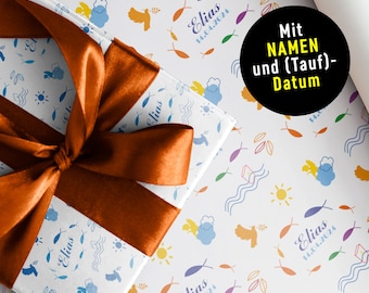 Fröhliches personalisiertes Fisch-Geschenkpapier für Taufe * Erstkommunion * Kommunion * Konfirmation mit Namen & Datum* Formate XS bis XXL