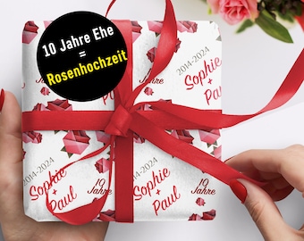 10 Jahre Rosenhochzeit richtig feiern * Persönliches Geschenkpapier * Formate XS bis XXL * mit Namen des Ehepaars und Jahreszahlen