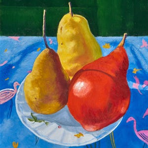 Poires en Floride, nature morte, flamants roses, 9 x 12 rouges, jaunes, bleus, huile sur toile originale, art mural, décoration intérieure, fruits frais,