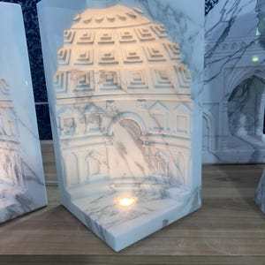 Handcrafted Marble Wall Corner Decor, Luxury White Marble Temple Carving Night Lamp, Concrete Tea light Candle Holder, Pooja Room Decor